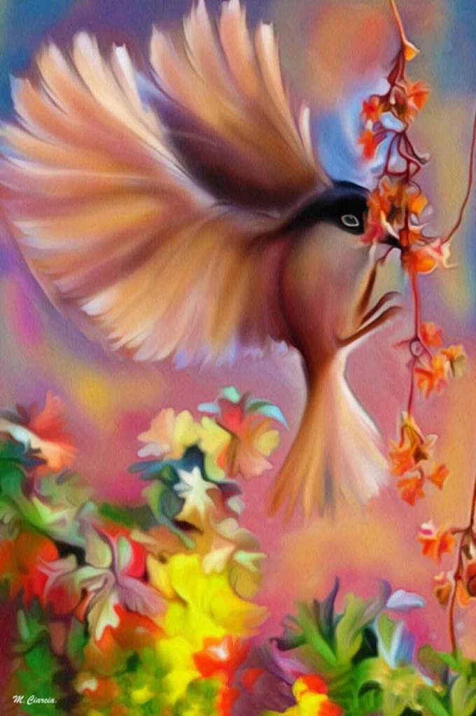Uccello che vola veloce sopra un fiore.